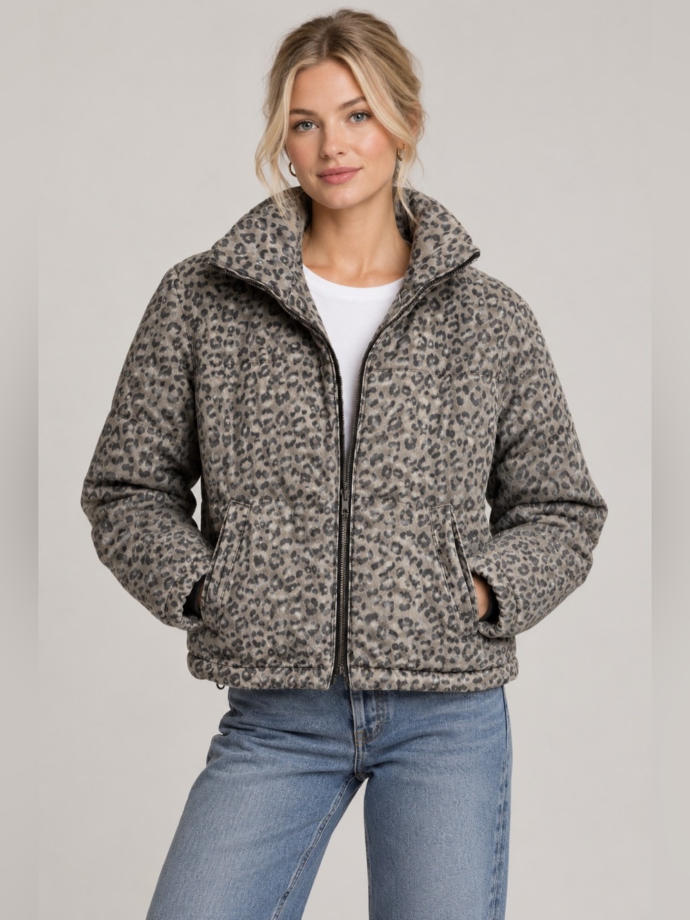 Jou Jou Denim Leopard Print Puffer Jacket - Gray Tan xs